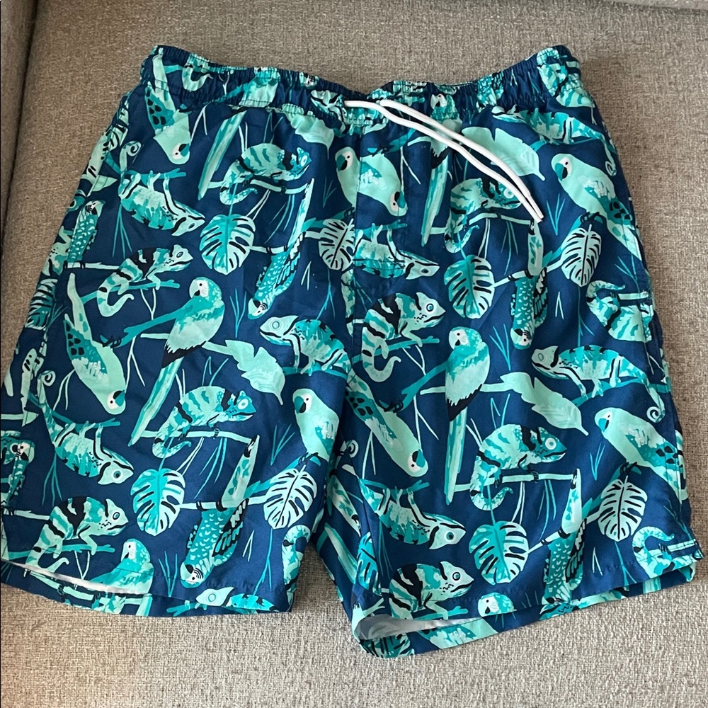Old Navy Teal and Navy Parrot Print Swim Trunks